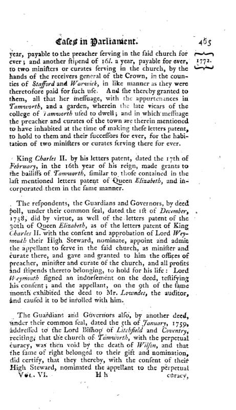 Reports of cases, upon appeals and writs of error, in the High Court of Parliament 1772 p.465